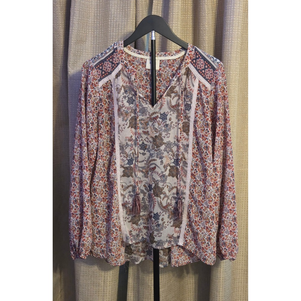 Knox Rose Long Sleeve Floral Paisley Print Sheer Blouse Women's Size Medium